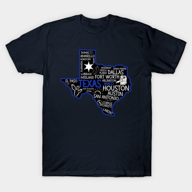 Waco Texas cute map Houston San Antonio Dallas Austin Fort Worth El Paso T-Shirt by BoogieCreates